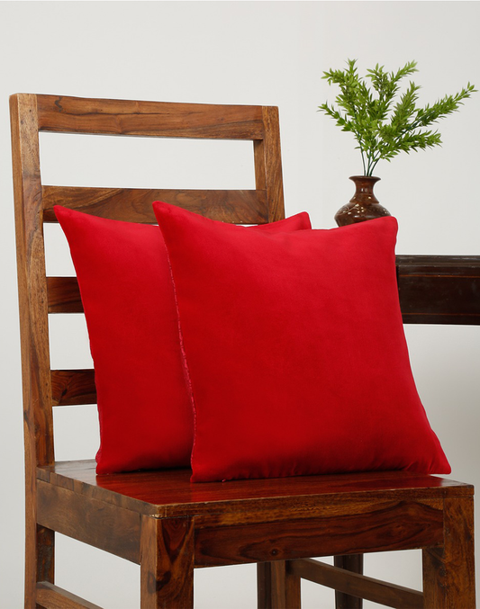 Set Of 2 - Red Solid Velvet Cushion Cover 16"X16"