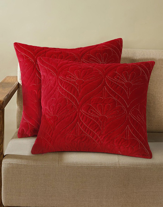 Set Of 2 - Red Quilted Velvet Cushion Cover 16"X16"