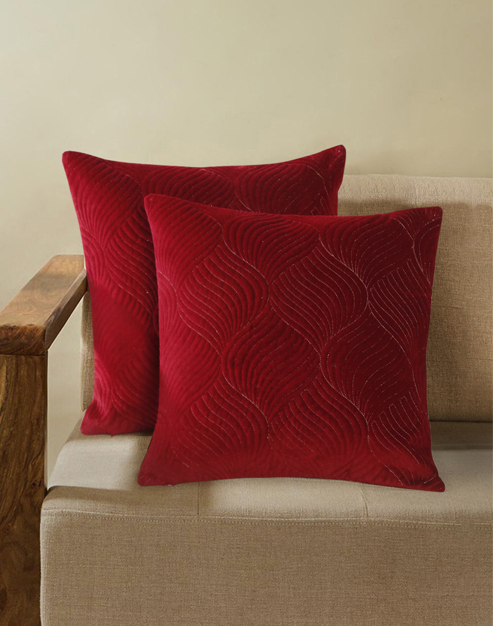Set Of 2 - Maroon Ogee Quilted Velvet Cushion Cover 16"X16"