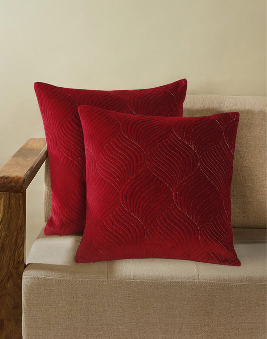 Set Of 2 - Maroon Ogee Quilted Velvet Cushion Cover 16"X16"