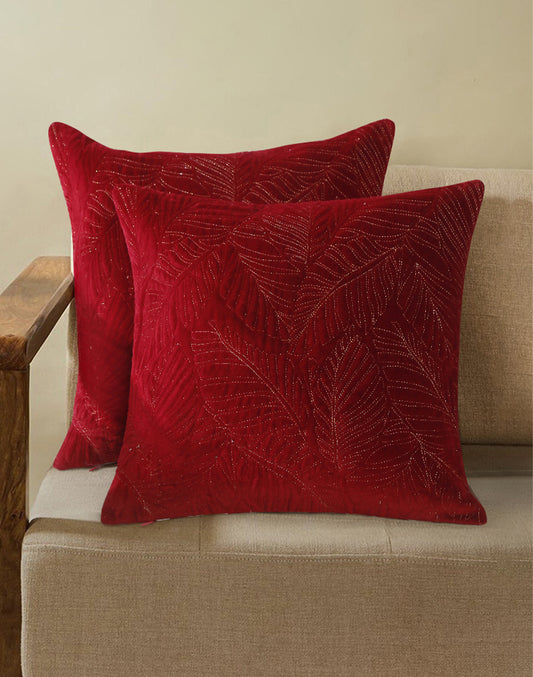 Set Of 2 - Maroon Tropical Quilted Velvet Cushion Cover 16"X16"