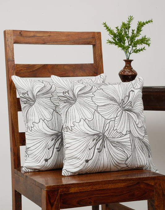 Set Of 2 - White Floral Embroidered Cushion Cover - 16"X 16"