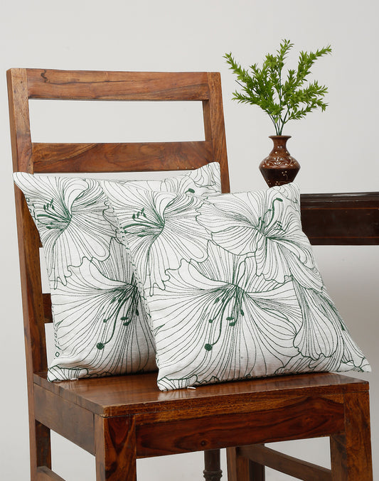 Set Of 2 - Green Floral Embroidered Cushion Cover - 16"X 16"
