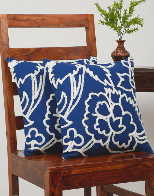 Set Of 2 - Blue Tufted Floral 100% Cotton Cushion Cover