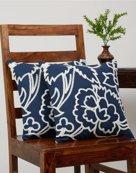 Set Of 2 - Navy Blue Tufted Floral 100% Cotton Cushion Cover