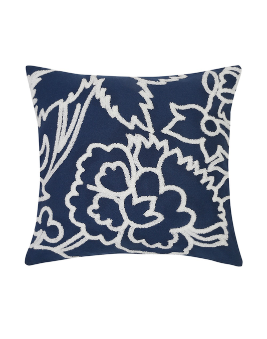 Set Of 2 - Navy Blue Tufted Floral 100% Cotton Cushion Cover