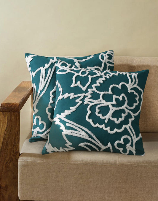 Set Of 2 - Teal Tufted Floral 100% Cotton Cushion Cover