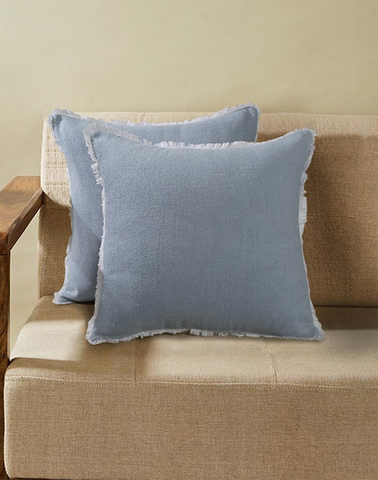 Set Of 2 - Solid Blue Terry Cushion Cover With Lace- 18"X 18"