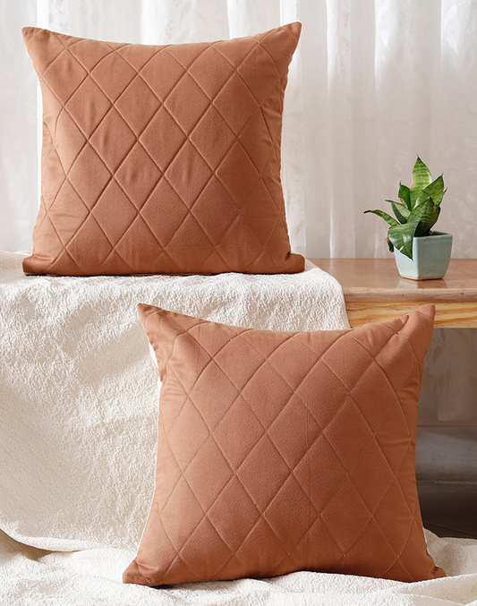 Set Of 2 - Brown Quilted Cushion Cover - 18" X 18"