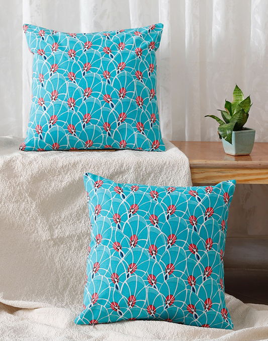 Set Of 2 - Blue Playful Cotton Cushion Cover - 16"X 16"