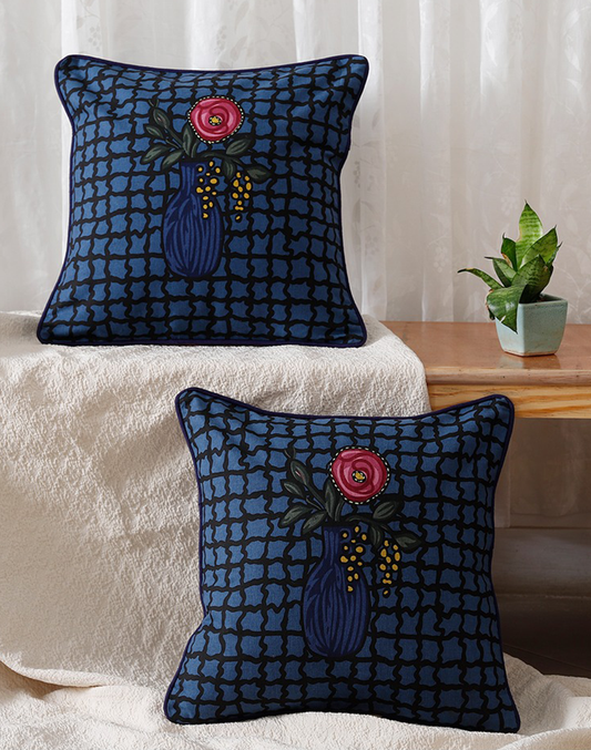 Set of 2 - Blue Artsy Cushion Cover - 16"x 16"