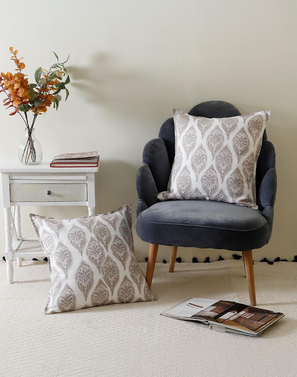 Set Of 2 - Leafy Linen Large Cushion Covers - 22"X 22"