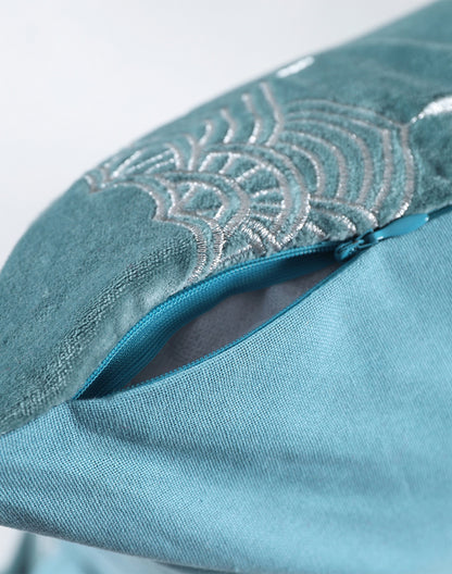 Set of 2 - Elegant Teal Embroidered Velvet Sofa Cushion Cover - 16"x16"