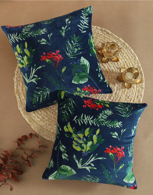 Set of 2 - Blue Velet Printed Cushion Cover - 16"x 16"