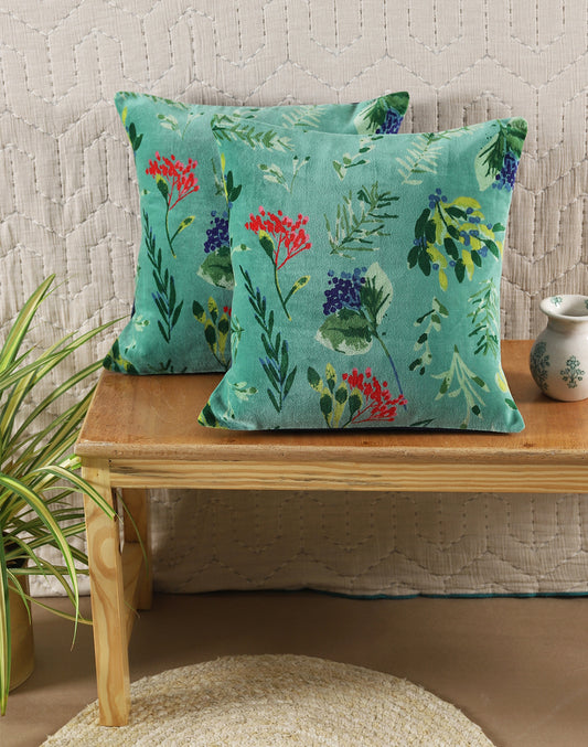 Set of 2 - Green Velet Printed Cushion Cover - 16"x 16"