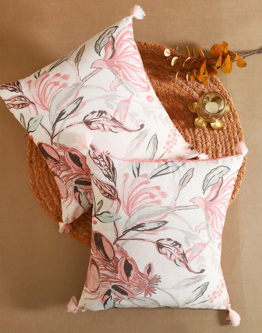 Set of 2 - Leafy Pink Cotton Cushion Cover - 16"x16"