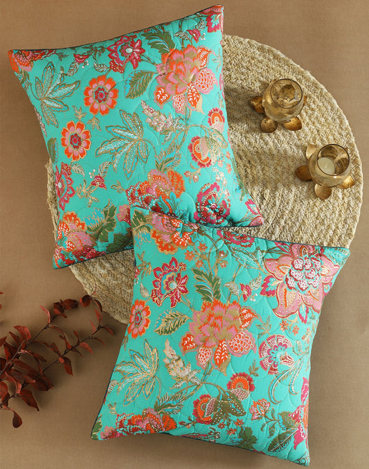 Set of 2 - Blue Floral Decortive Sofa Cushion Cover - 16"x16"