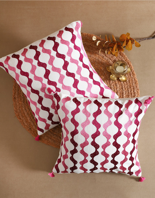 Set of 2 - Pink Waves Embroidered Sofa Cushion Cover - 16"x16"