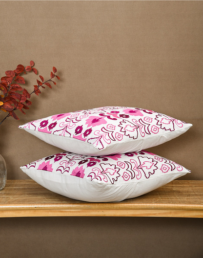 Set of 2 - Pink Embroidered Decortive Sofa Cushion Cover - 16"x 16"