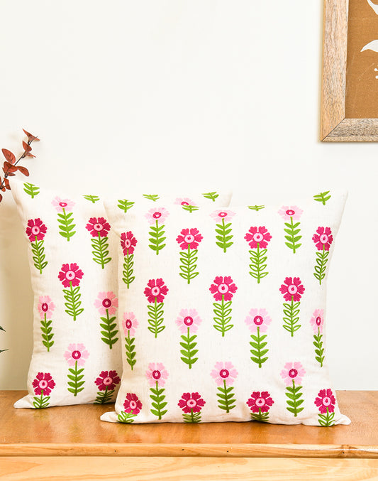 Set of 2 - Floral Array Embroidered Cushion Cover - 16"x 16"