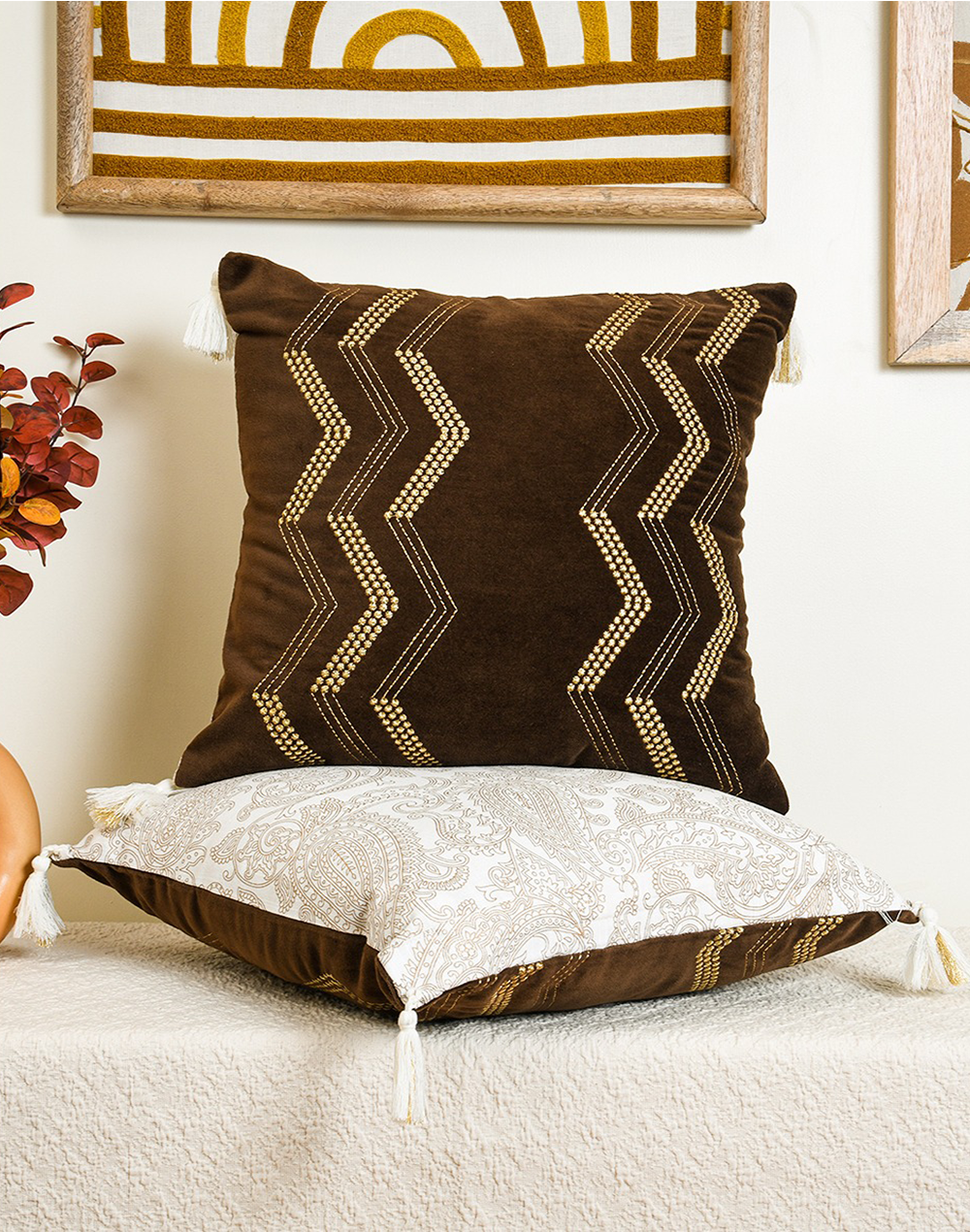 Set Of 2 - Zig Zag Embroidered Decorative Cushion Cover