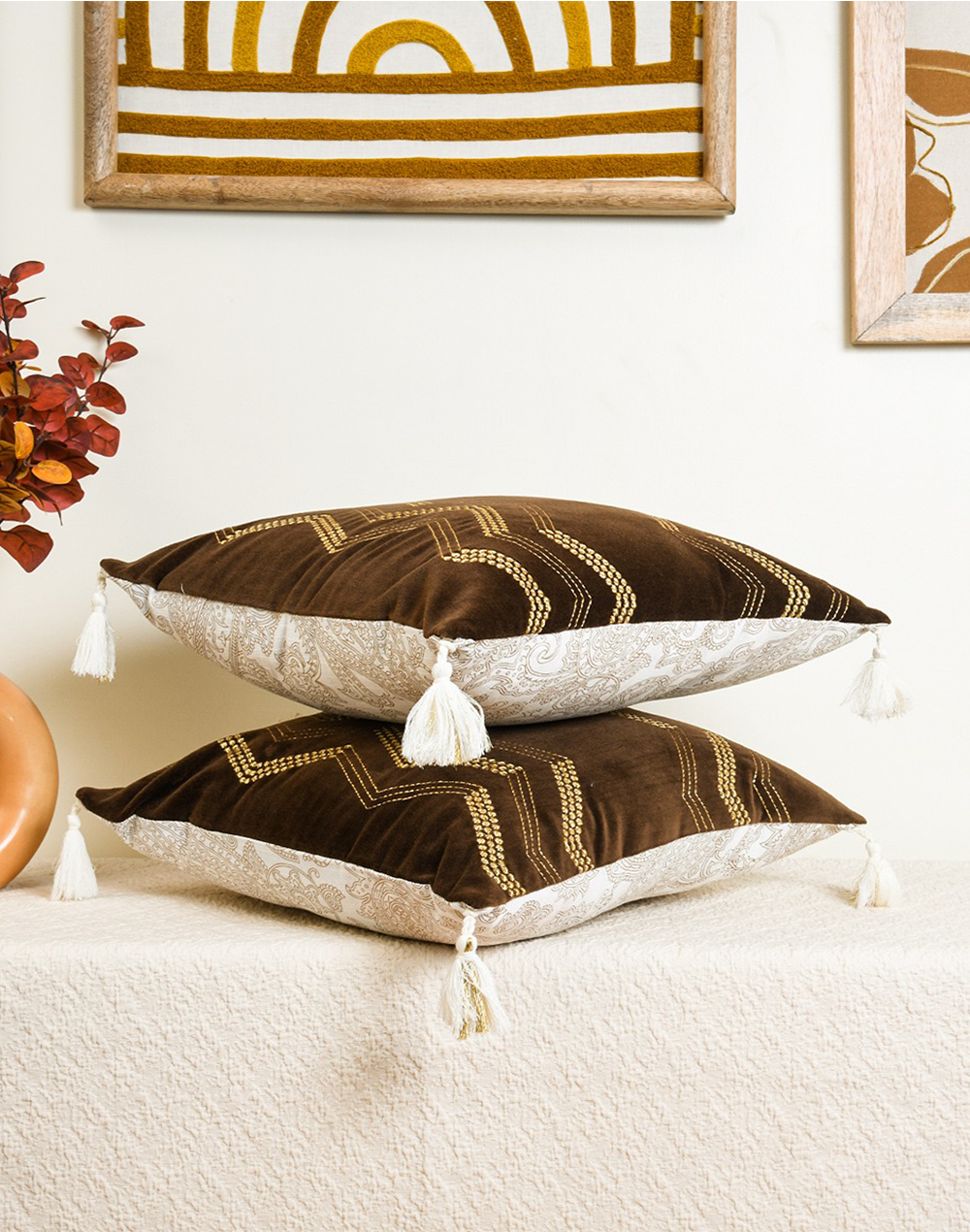 Set Of 2 - Zig Zag Embroidered Decorative Cushion Cover