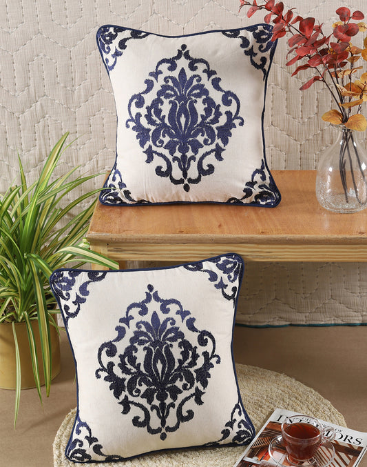 Set of 2 - Blue Ikat Embroidery Decorative Cushion Cover - 16"x16"