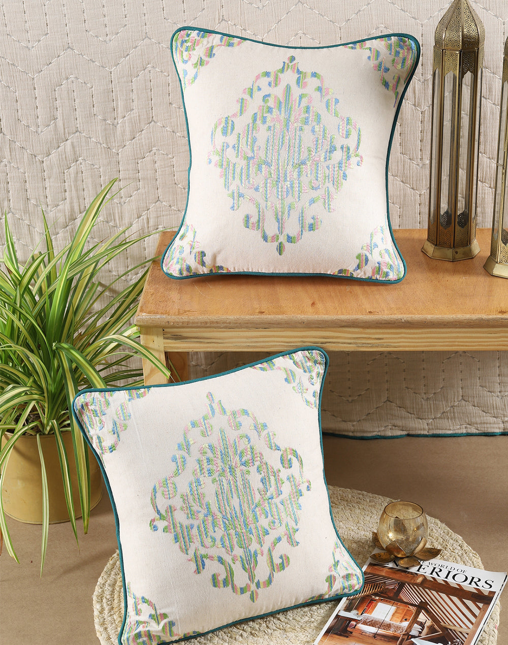 Set of 2 - Green Ikat Embroidery Decorative Cushion Cover - 16"x16"