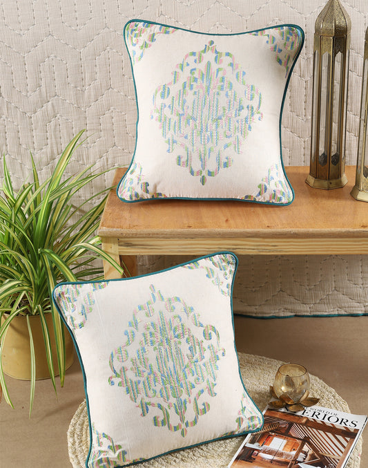 Set of 2 - Green Ikat Embroidery Decorative Cushion Cover - 16"x16"