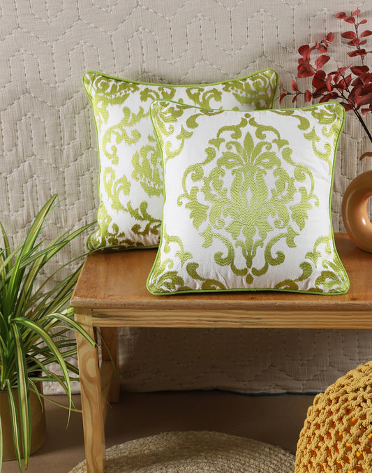 Set of 2 - Green Ikat Embroidery Decorative Cushion Cover - 16"x16"