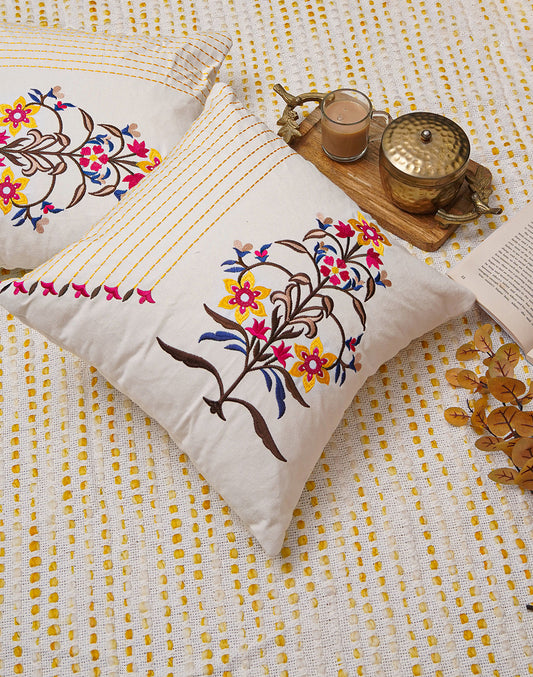 Set of 2 - Pink Motif Embroidered Cotton Cushion Cover - 16"x16"