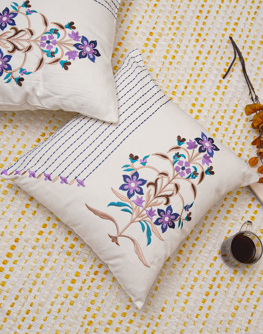 Set of 2 - Purple Motif Embroidered Cotton Cushion Cover - 16"x16"
