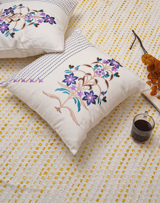 Set of 2 - Purple Motif Embroidered Cotton Cushion Cover - 16"x16"