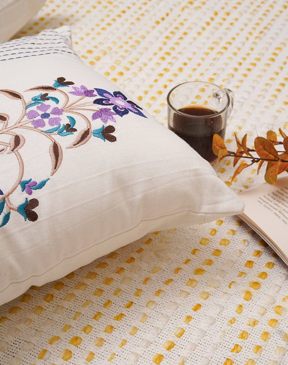 Set of 2 - Purple Motif Embroidered Cotton Cushion Cover - 16"x16"