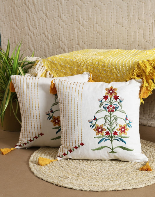 Set of 2 - White Motif Embroidered Cotton Cushion Cover - 16"x16"