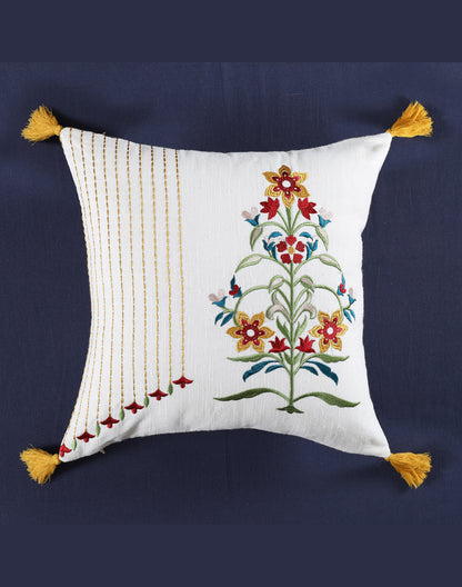 Set of 2 - White Motif Embroidered Cotton Cushion Cover - 16"x16"