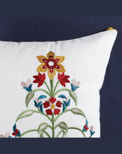 Set of 2 - White Motif Embroidered Cotton Cushion Cover - 16"x16"