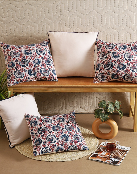 Set of 5 - Solid and Printed Cotton Cushion Cover Set- 16"x16"