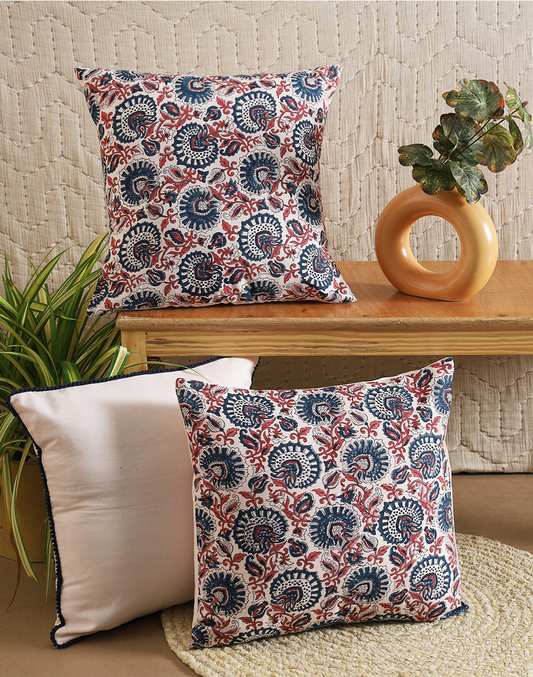 Set of 3 - Solid and Printed Cotton Cushion Cover Set - 16"x16"