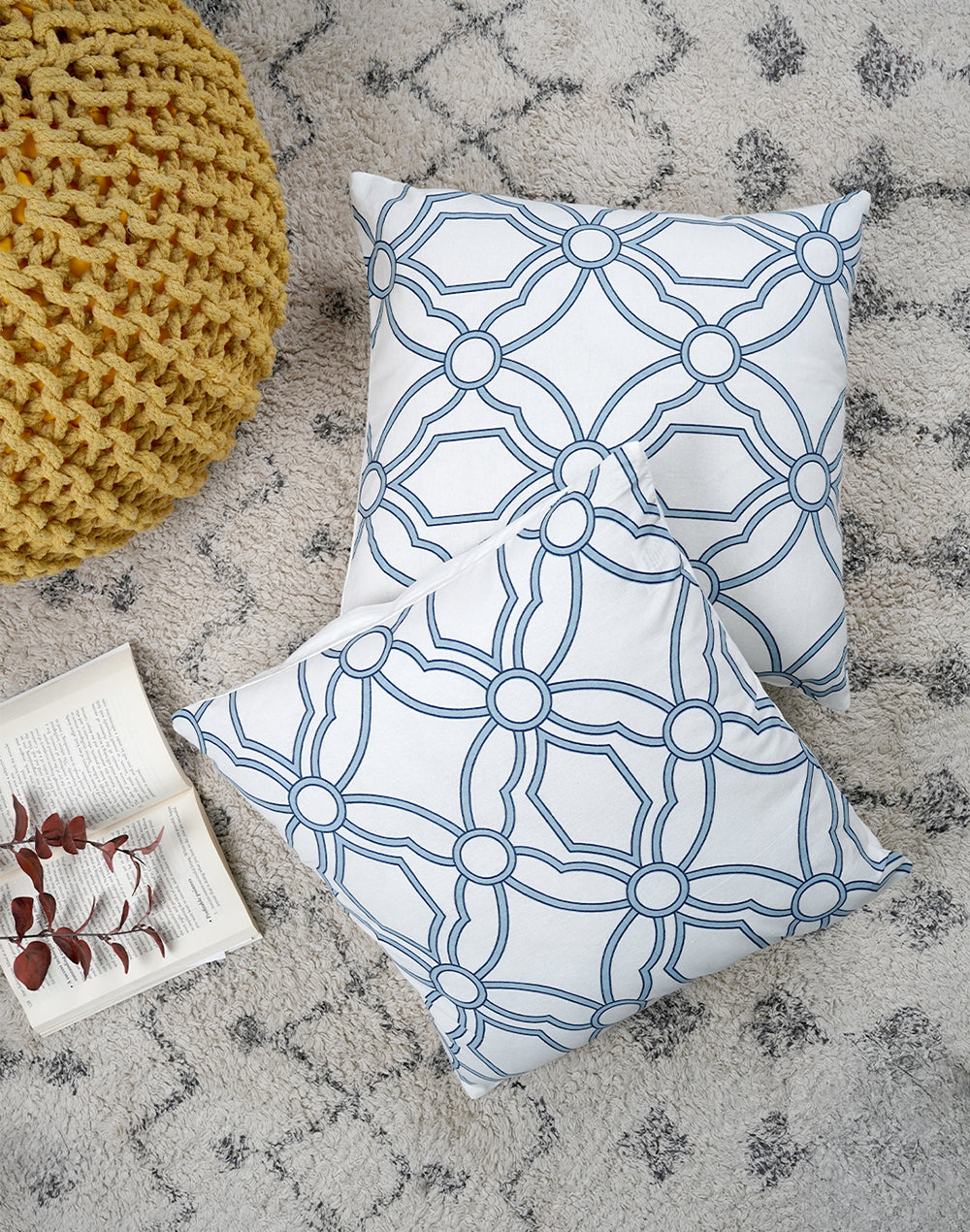 Set Of 2 - Blue Cotton Cushion Cover - 16"X16"
