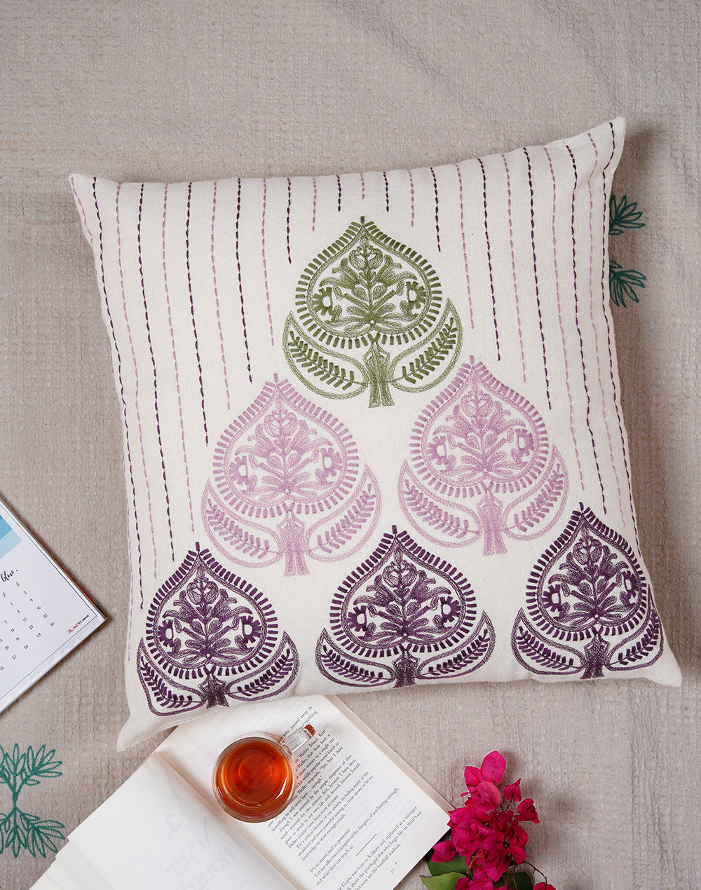 Set Of 2 - Purple Embroidered Cotton Cushion Cover - 18"X18"
