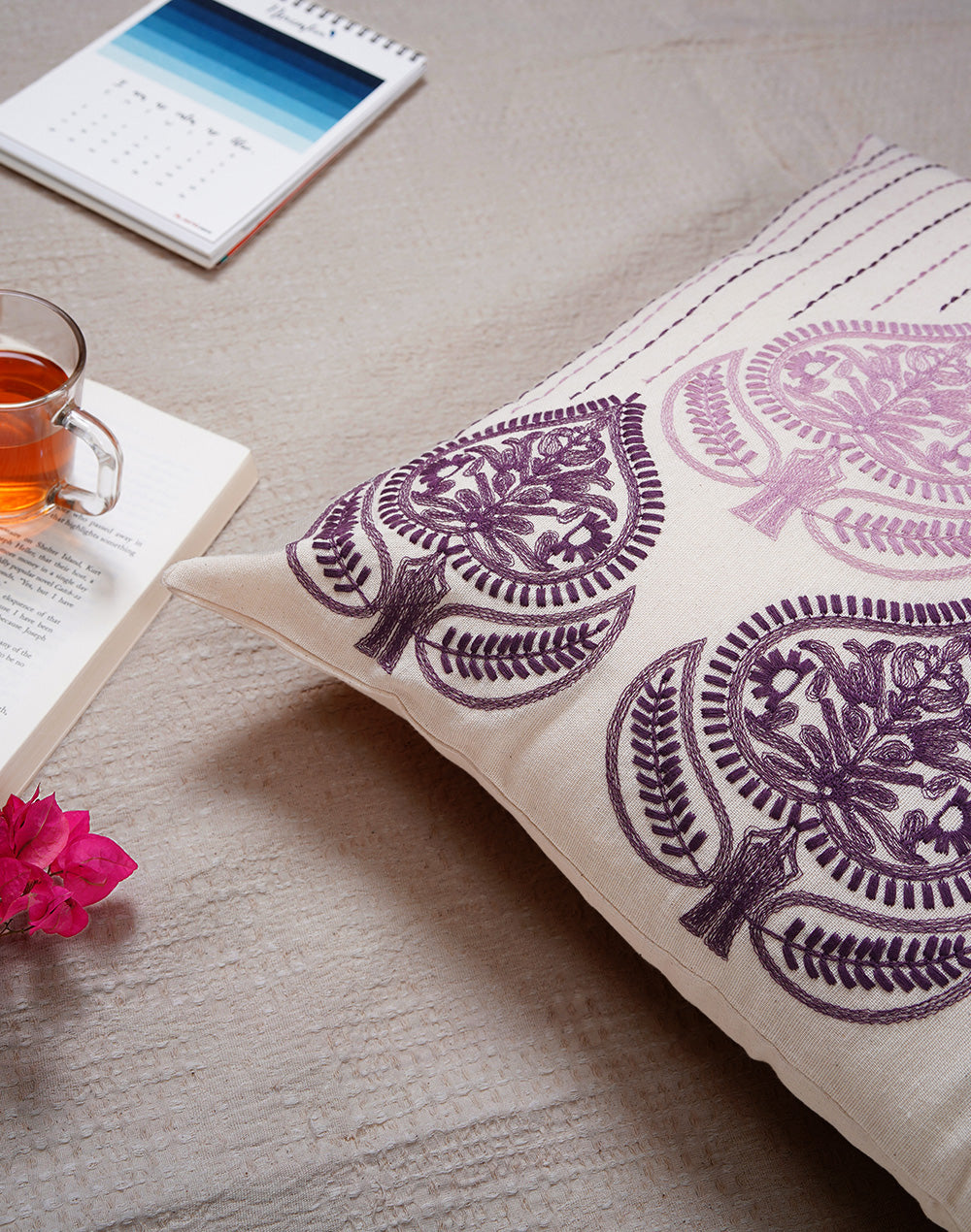 Set Of 2 - Purple Embroidered Cotton Cushion Cover - 18"X18"