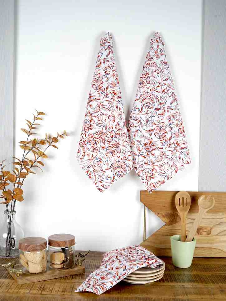 Pink Cotton Floral Printed 16x20 inch Kitchen Towel Set of 3