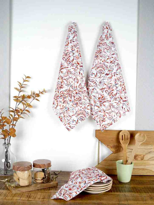 Pink Cotton Floral Printed 16x20 inch Kitchen Towel Set of 3