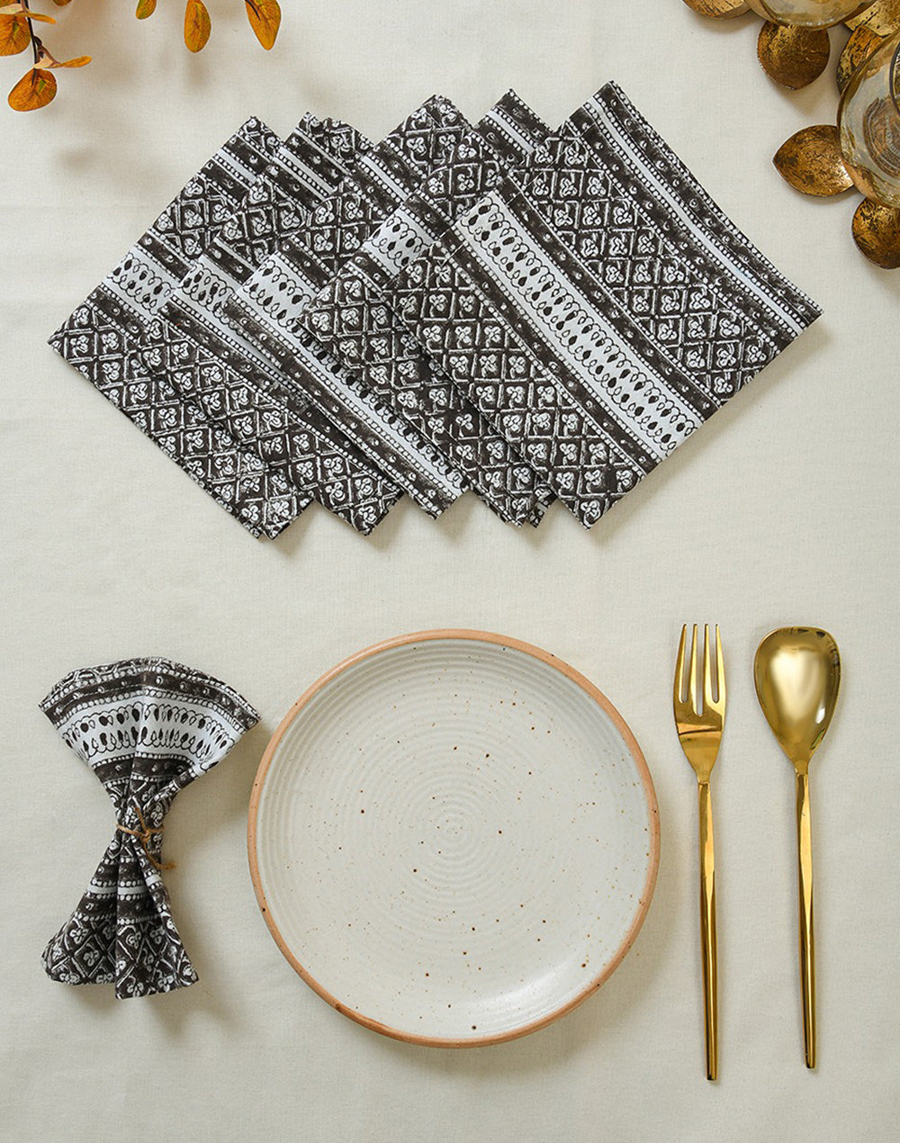 Set Of 6 - 12"X12" Brown Cottonn Printed Napkin