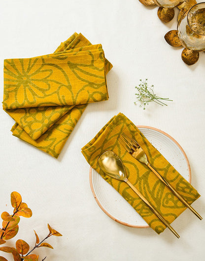 Set Of 6 - 16"X16" Yellow Floral Cotton Napkin