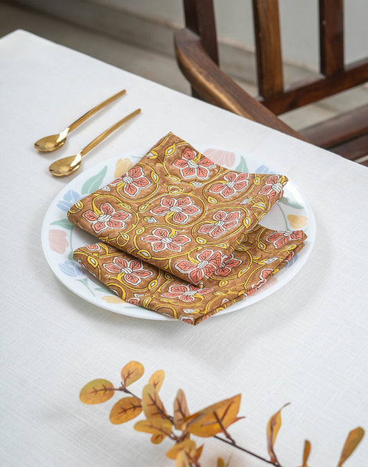 Set Of 6 - 12"X 12" Brown Floral Cotton Table Napkin