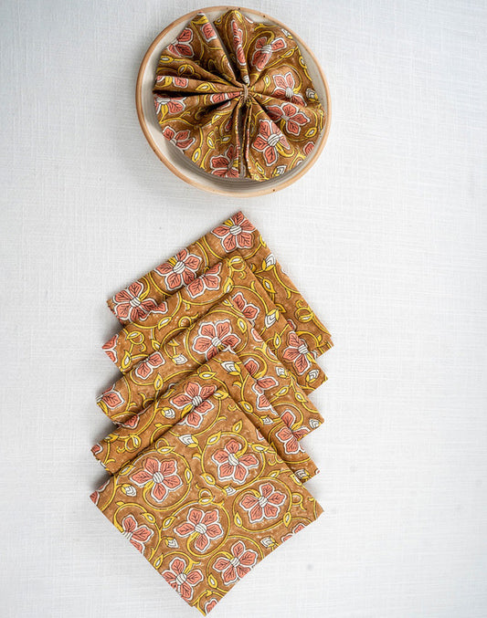 Set Of 6 - 12"X 12" Brown Floral Cotton Table Napkin