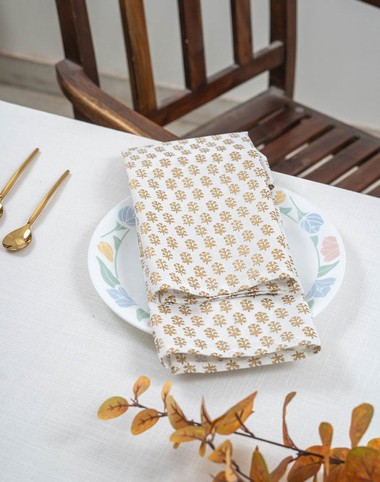 Set Of 6 - 16"X 16" White Cotton Gold Printed Napkin