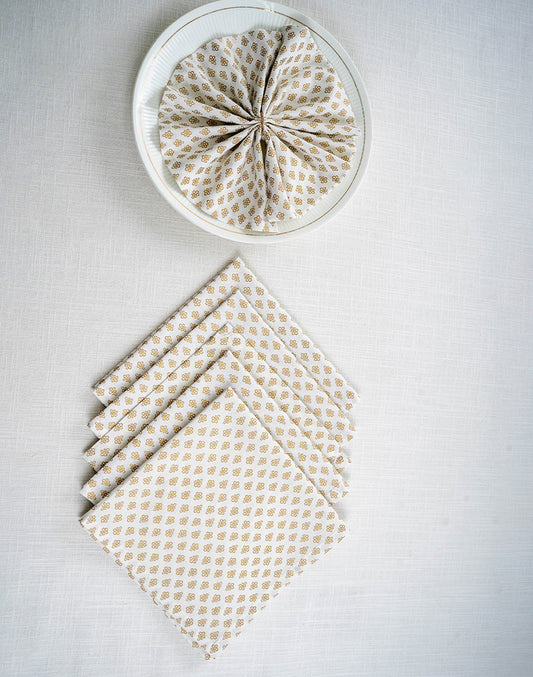 Set Of 6 - 16"X 16" White Cotton Gold Printed Napkin
